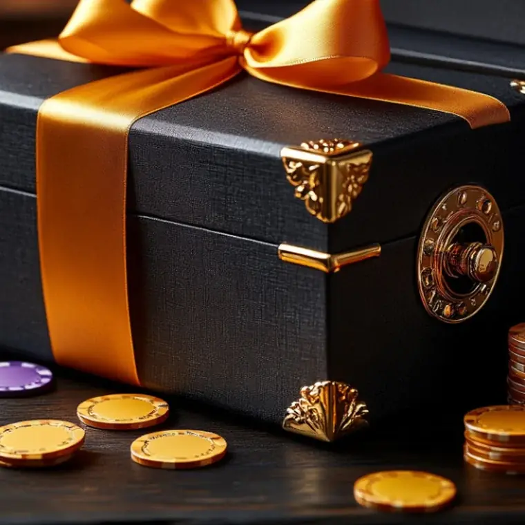 Чёрный подарочный сундук с янтарной лентой и фишками в оформлении сайта casino2026z.space