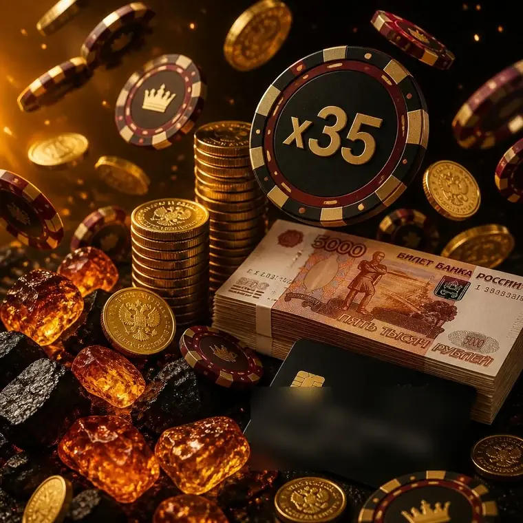 Стопки монет, рублёвые купюры и фишки в оформлении сайта casino2026z.space