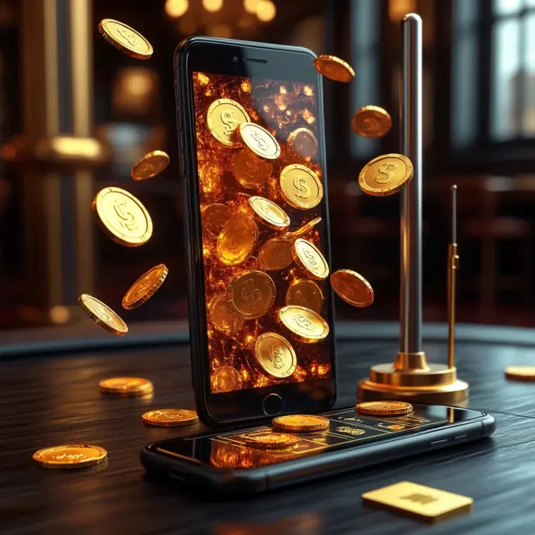 Смартфон, из экрана которого вылетают монеты, в оформлении сайта casino2026z.space