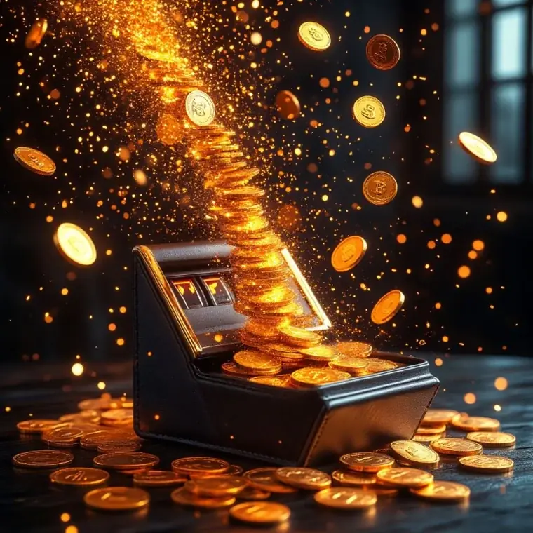 Поток монет, вытекающий из кошелька, в оформлении сайта casino2026z.space