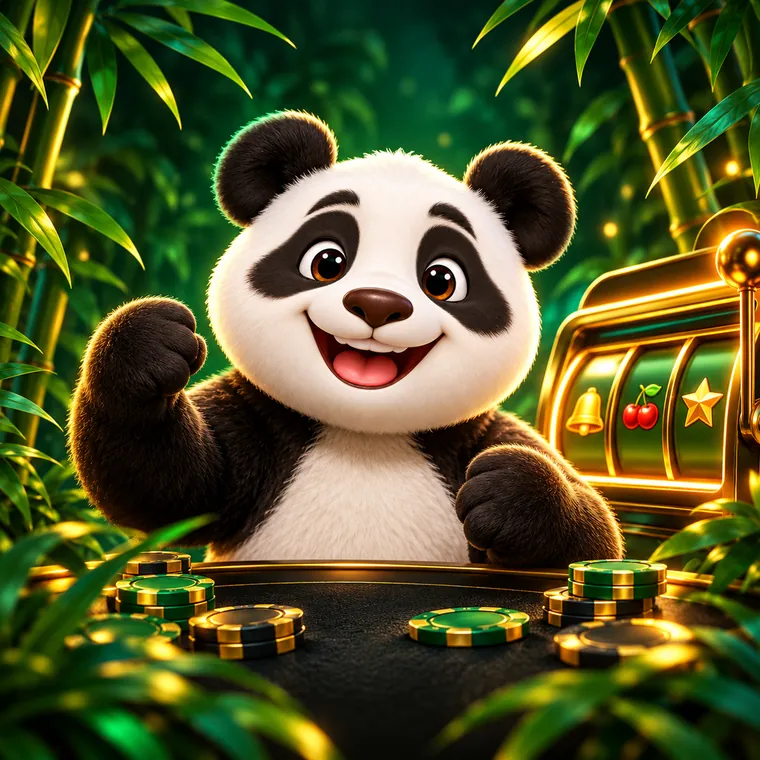 Панда-маскот казино Panda среди листьев бамбука